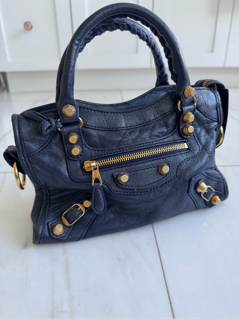 Balenciaga Navy Leather Mini Satchel with Gold Hardware
